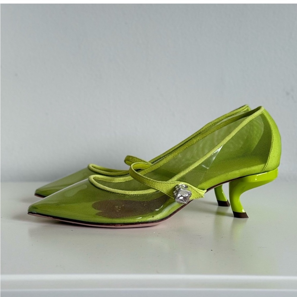 Roger Vivier Green Kitten Heel Pumps with Rhinestone Embellishment